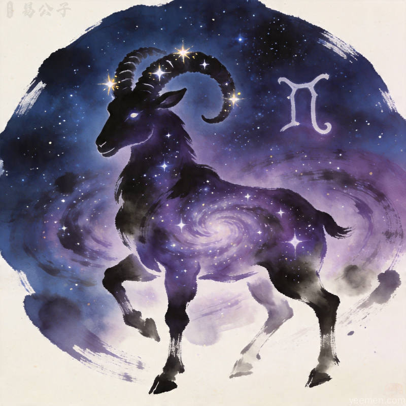 摩羯什么生肖主题插图:土元素坚毅星空构图的艺术化呈现
