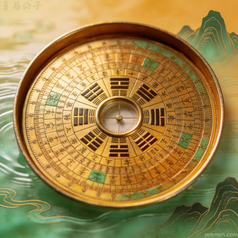 风水罗盘特写,八卦方位与同心圆环清晰可见,周遭隐现山水纹路,暖金色调