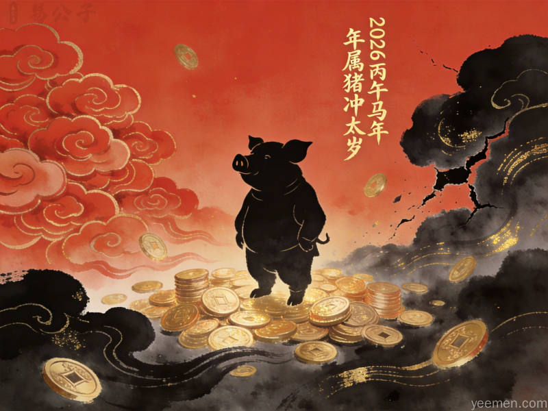 2026丙午马年属猪人冲太岁运势预警图，包含生肖猪与驿马星动元素