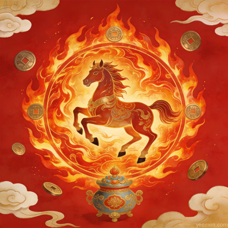 火马年财运转盘图案，国潮插画风格展现铜钱祥云与瑞马交相辉映，火焰纹理流动热烈繁荣景象