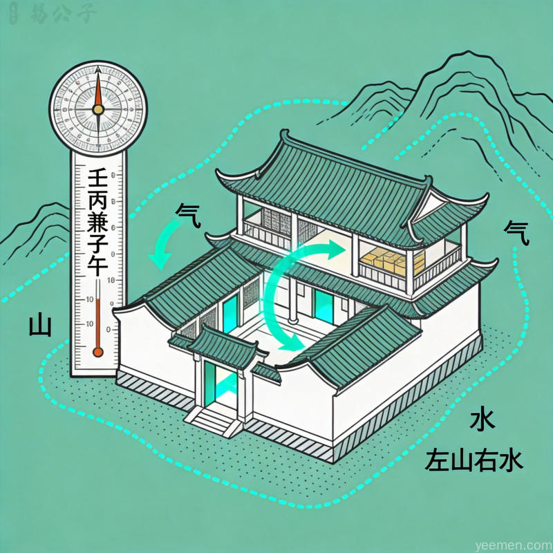 房屋方位峦头与五行流转的风水布局图,标注山、水、明堂方位关系