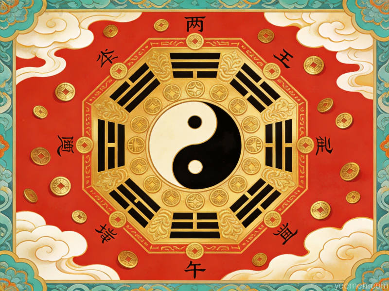 丙午年五行八卦图，国潮插画风格展现天干地支玄机，铜钱祥云与如意纹饰承载吉祥寓意