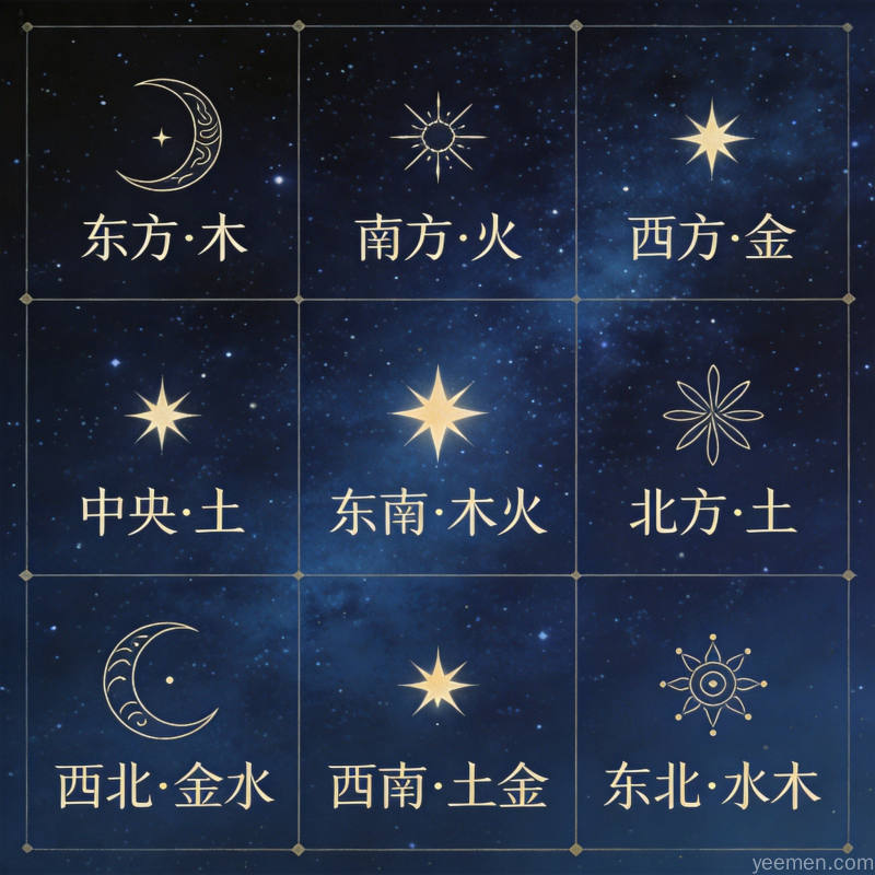 古代星象图风格九颗星排列九宫格每颗星对应方位属性标注深蓝星空背景古典线稿雅致风格