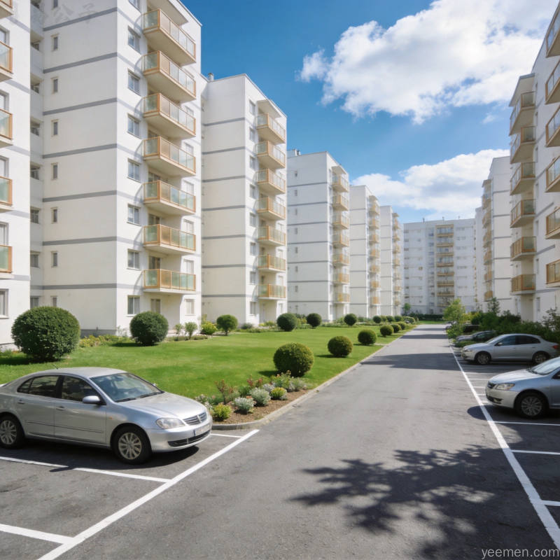 现代住宅楼栋外景整洁小区环境绿化整齐道路停车位有序阳光明媚明亮色调实景风格