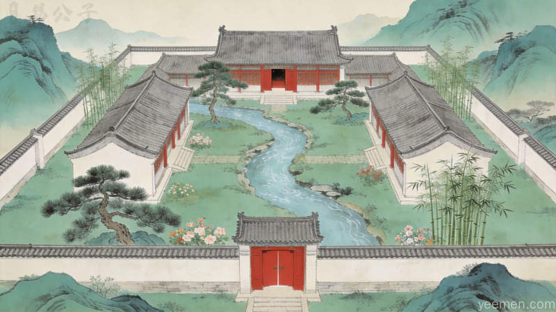 中式好宅外景鸟瞰方正院落大门朝南庭院流水绿植围墙整齐不缺角青绿山水画风格大气稳重