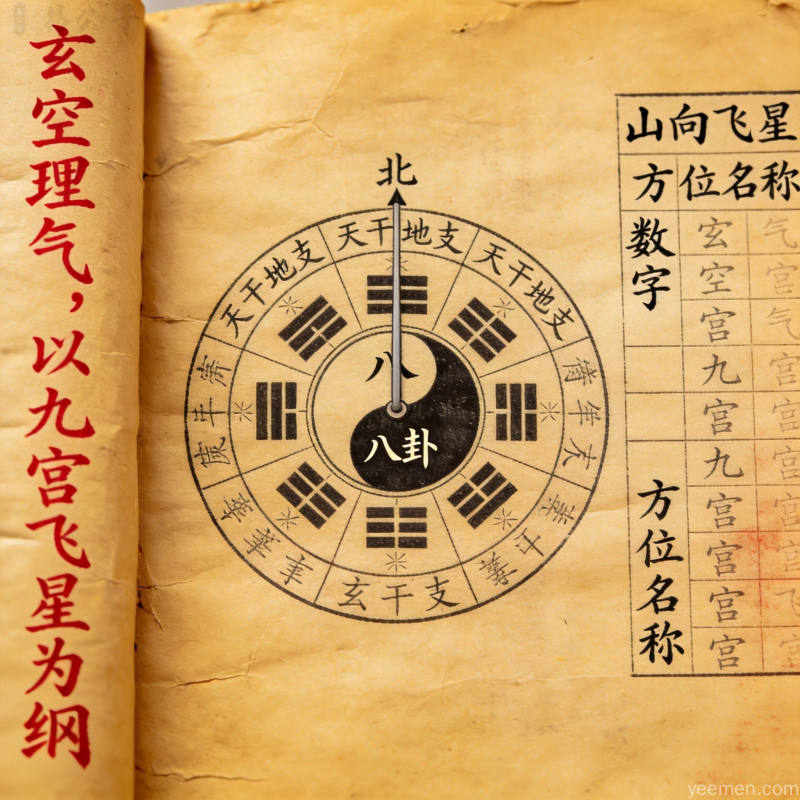 古代典籍书页展示玄空学说图解泛黄宣纸方位罗盘图解山向飞星表格毛笔批注古典雅致暖黄