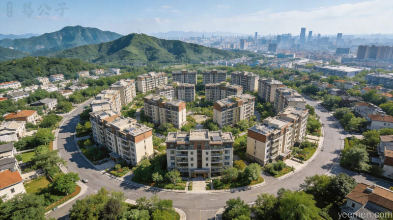 社区整体环境俯瞰图住宅楼中央四周绿化环绕道路环通社区整洁有序远处青山城市轮廓实用专业明亮色调