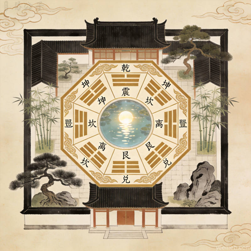 中式房屋平面方位图八角形罗盘叠加方形院落八个方位标注清晰中心庭院水景绿植古典风格