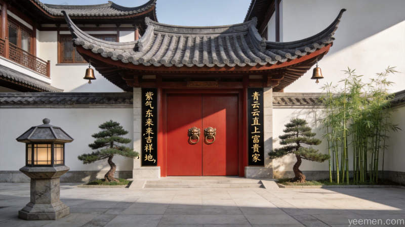 中式大宅外景全景展现气派门楼飞檐翘角与开阔庭院石灯笼松竹大气稳重氛围