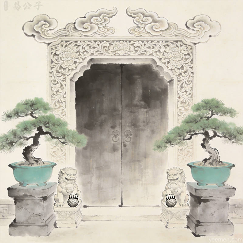 中式大门入口特写展示精美雕花门框与两侧绿植装饰石狮祥云纹门楣水墨画风格