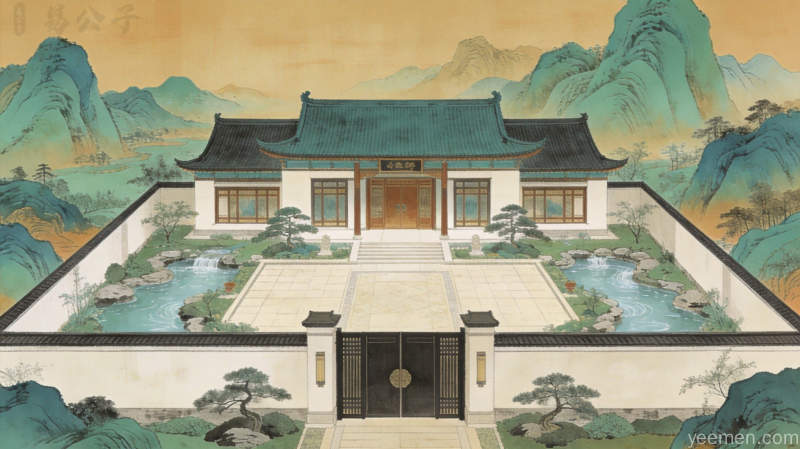 中式好宅外景全景方正院落大门朝南门前开阔明堂流水环绕围墙完整无缺角青绿山水画风格大气稳重