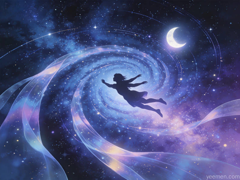 从《周公解梦》到现代睡眠科学:传统梦文化的双重解读 2 星空梦幻风格的梦境飞翔意象插画,人物剪影在银河间自由翱翔浪漫唯美