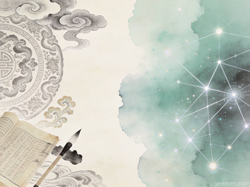 从《周公解梦》到现代睡眠科学:传统梦文化的双重解读 3 水墨留白风格的传统与现代交汇图,古典纹样渐变为现代几何线条清雅素净