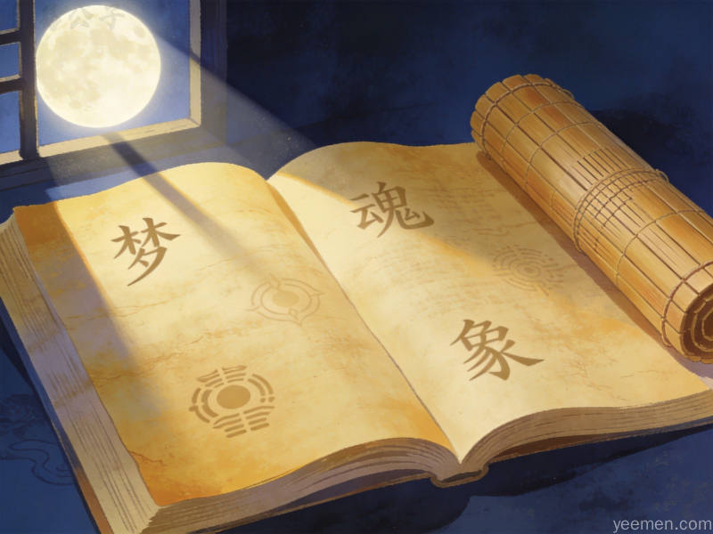从《周公解梦》到现代睡眠科学:传统梦文化的双重解读 1 古籍书页风格的传统梦文化插图,泛黄古书与竹简在月光下展现厚重历史感