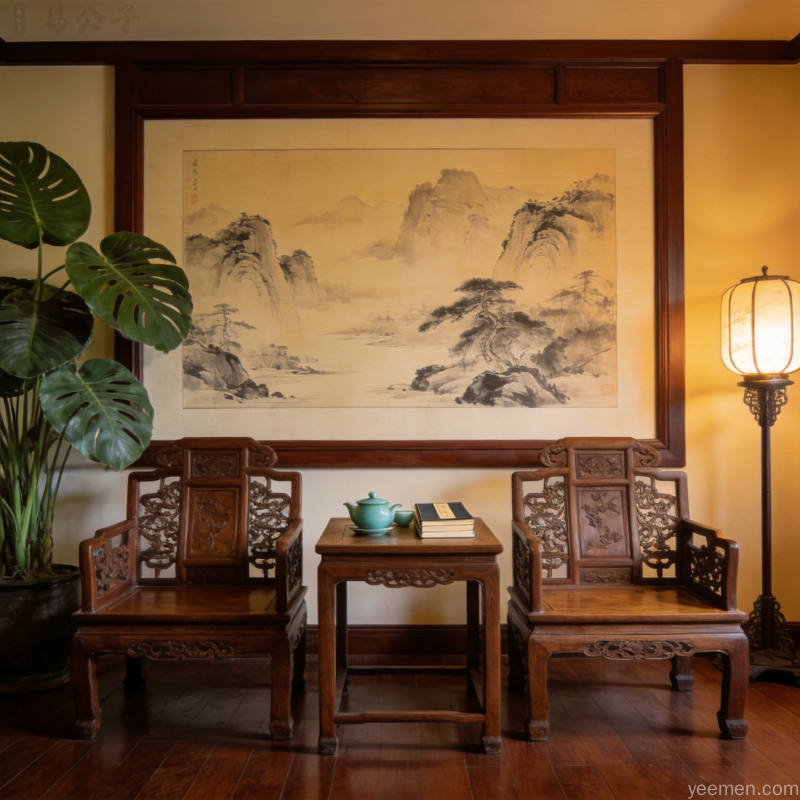 中式客厅对称式家具布局中央茶几两侧太师椅背景墙悬挂大幅山水画宁静祥和暖色调