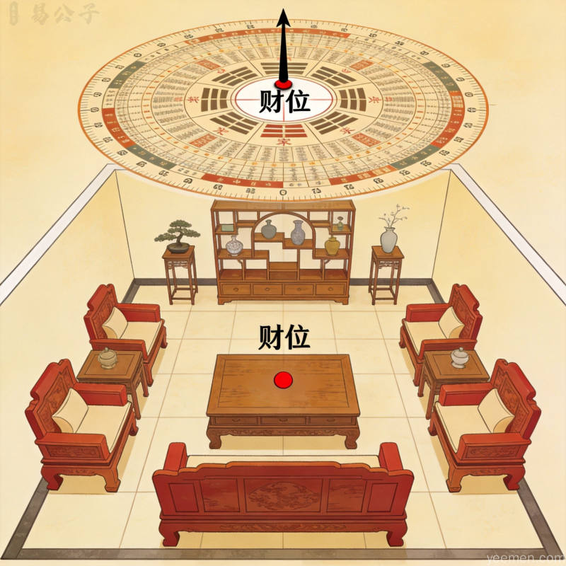 中式客厅全景鸟瞰方正空间中央标注财位位置家具围绕财位展开方位罗盘叠加平面设计暖色调