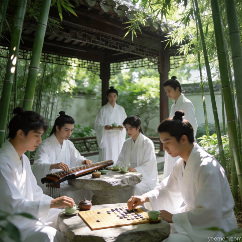 年轻人穿汉服在庭院中品茶对弈的新中式社交场景