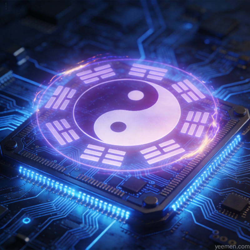 未来感AI芯片与太极八卦符号融合的科技概念画面