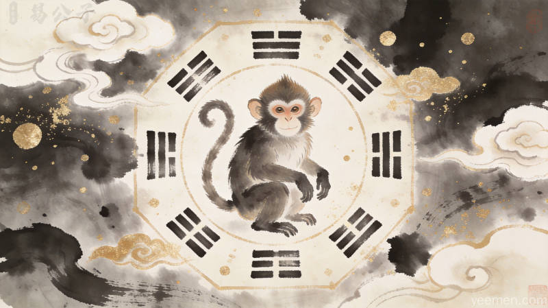 属猴人运势预测图，水墨风格传统文化意境