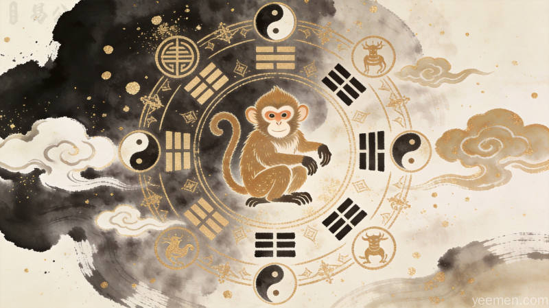 属猴人命理分析图，八卦符号与祥云环绕
