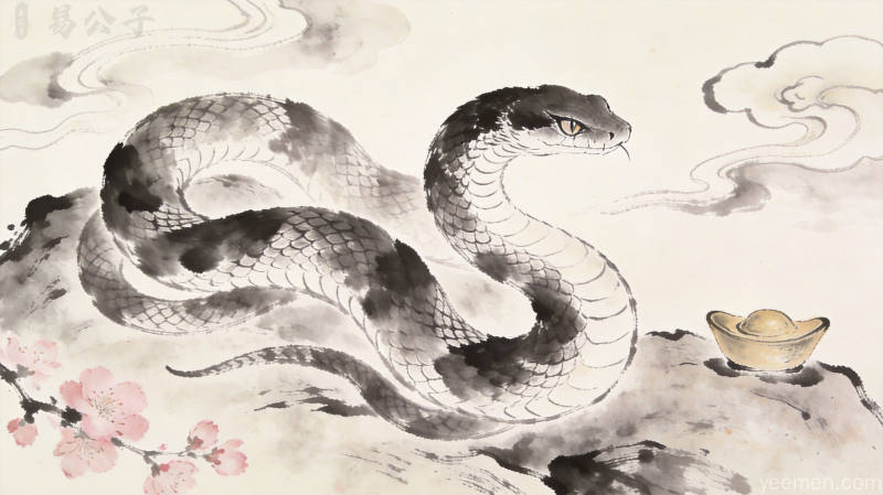 2026年4月28日十二生肖运势水墨风格配图，蛇猴鼠生肖图案配祥云元宝