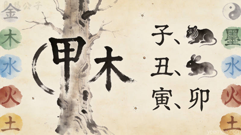 水墨命盘图案展示五行相生相克的关系，天干地支符号排列，体现传统命理学的哲学思想