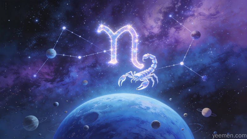 天蝎座星座与行星图，行星点缀的星空背景，科幻未来感与神秘感结合，体现本月感情运势的积极发展