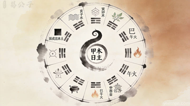 古籍风格展示甲木日主十神关系表，五行生克示意图，体现传统命理学术语的专业性