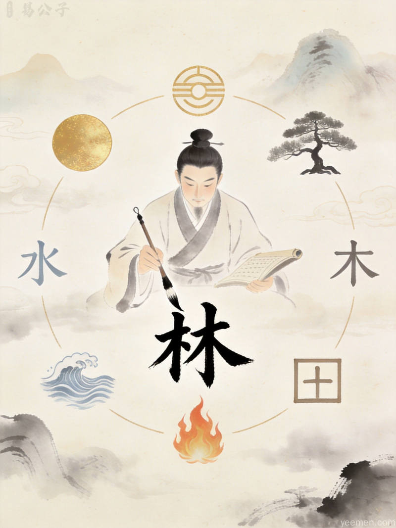 水墨风格展示五行相生相克原理：金木水火土在八卦中的应用，阴阳鱼图形环绕，体现姓名学中八字五行的平衡之道