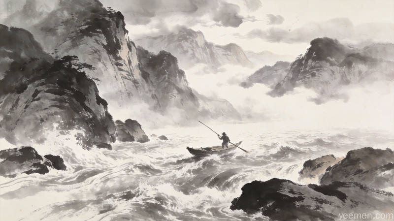 蹇卦山峰流水青绿山水