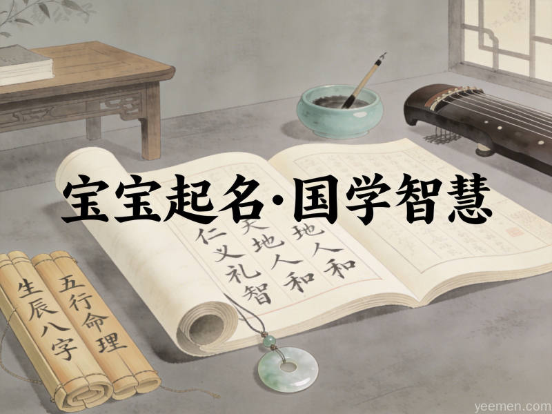 书法卷轴风格展示优雅汉字书写于宣纸卷轴之上，旁边点缀竹简与玉佩，体现中华传统文化中名字寓意的中庸之道与温润气质