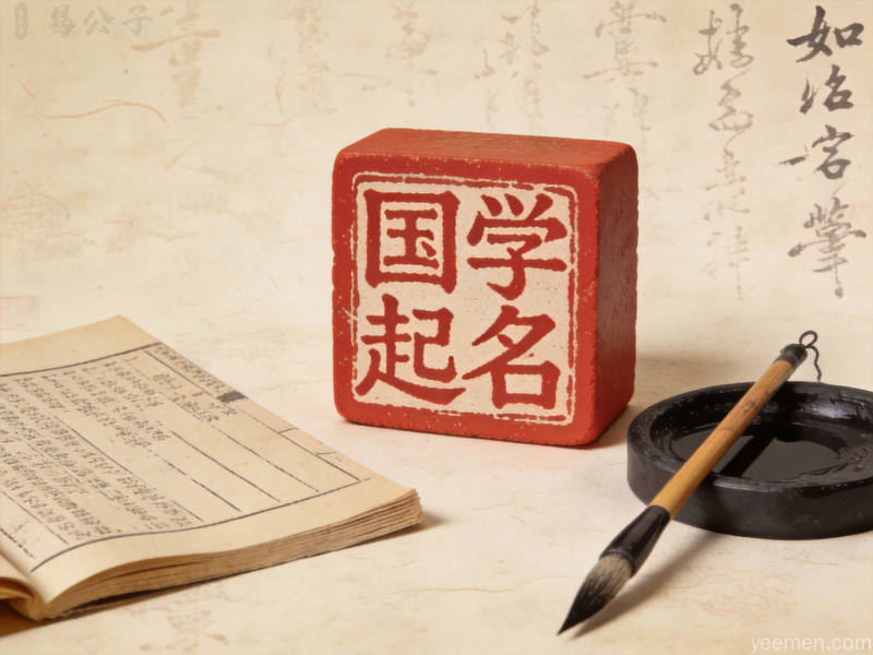 传统印章风格展示书法字体书写规范汉字，朱红色印章刻有姓名，砚台毛笔陈列，体现取名用字的音韵和谐与书写美感