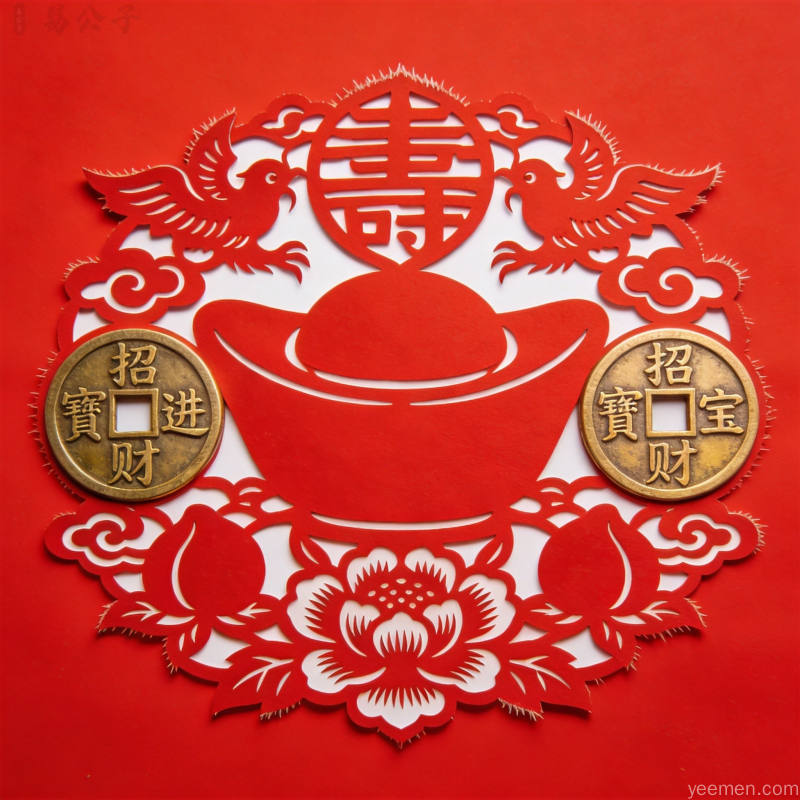 中国传统文化剪纸艺术风格，钱币元宝与吉祥纹样，喜庆民俗节日氛围
