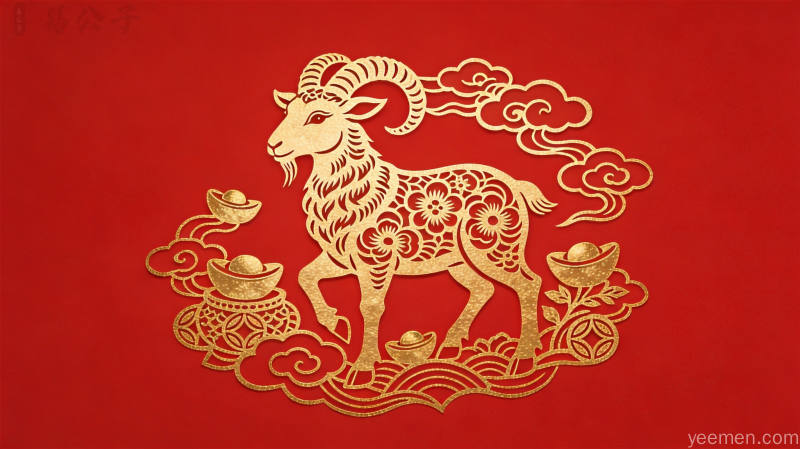 生肖羊剪纸图案，古典金线勾勒，祥云元宝元素，吉祥富贵寓意