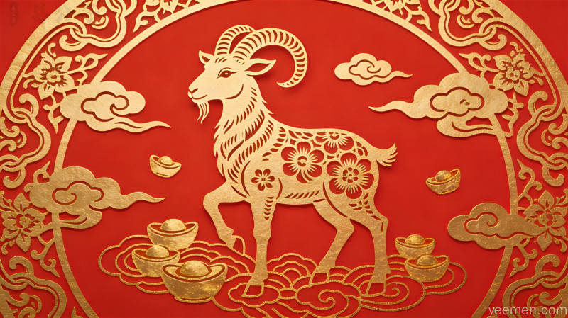 国潮风格生肖羊图，金线勾勒装饰，喜庆红色调，富贵吉祥氛围