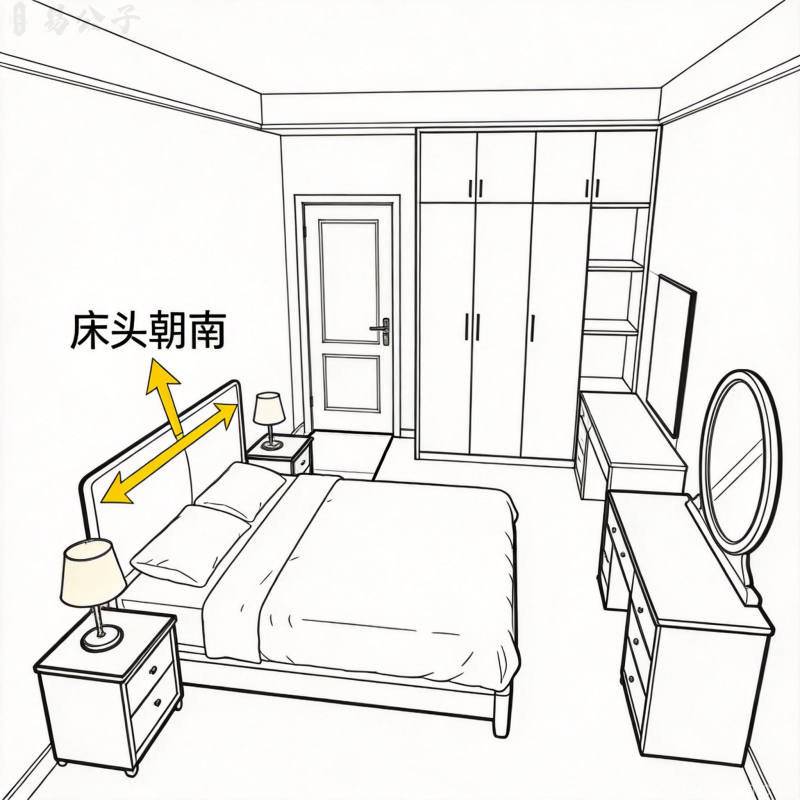 卧室风水床位摆放示意，五行方位与朝向选择，实用专业布局图解