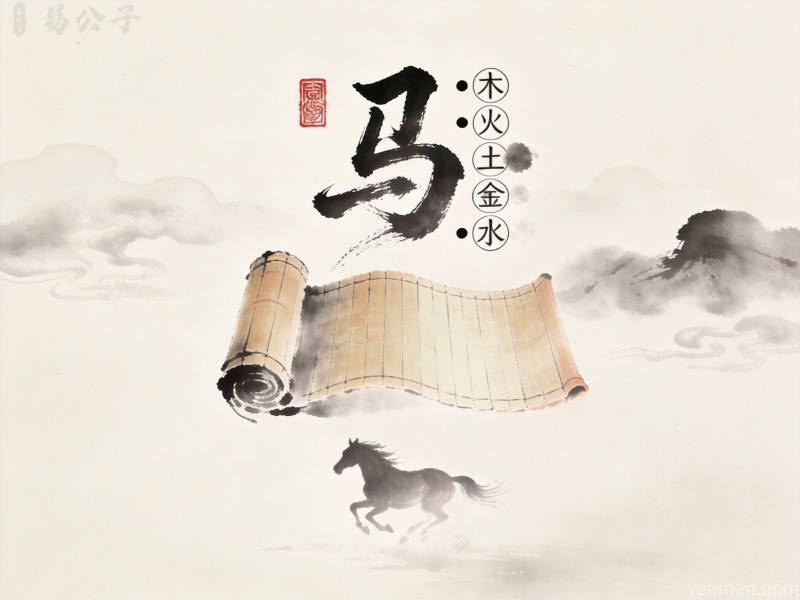 水墨风格展示五行属火的马字意象与传统符号，象征命理调和之道