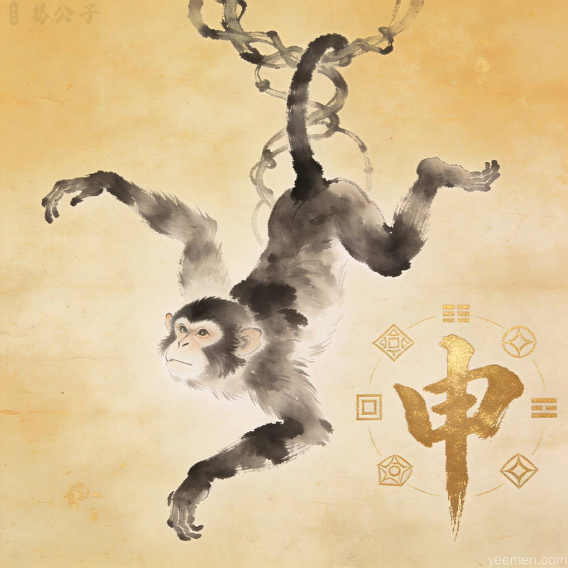 生肖猴剪影水墨画，申金意象与五行元素，传统国画风格，意境悠远神秘