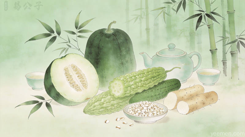 立夏养生主题国风插画，融合冬瓜、苦瓜、丝瓜等夏季祛湿食材，山药、薏米等健脾食材，清新雅致氛围