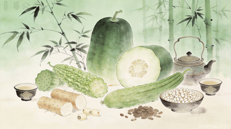 夏季养生食材图解，展示冬瓜、山药、薏米等健脾祛湿食材的实物组合，色彩鲜艳