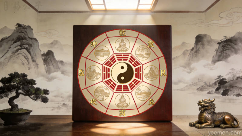 罗盘配合金色元宝元素，象征八白星带来的财富运势