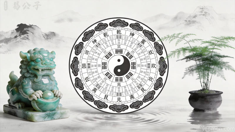 传统中式家居空间罗盘示意图，八卦方位标注清晰，体现风水布局的专业性