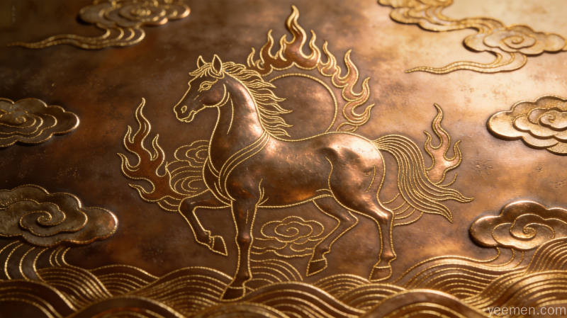 马形图案配合金币元宝元素，象征属马人5月财运的正财稳定增长