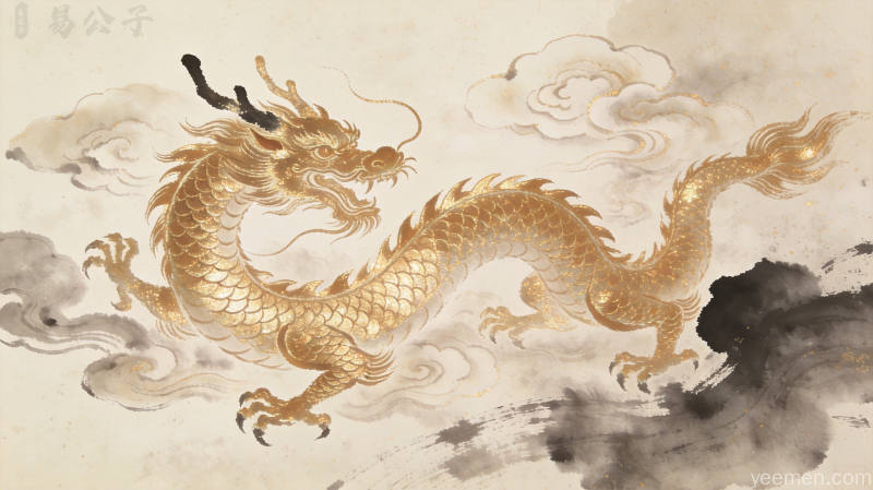 龙形图案配合桃花元素，象征5月感情运势的甜蜜与美好