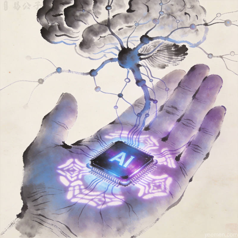 现代科技与传统命理对话场景，AI芯片与八卦符号