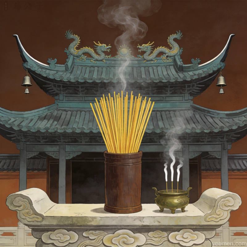 寺庙求签场景，传统中国风古建筑与签筒