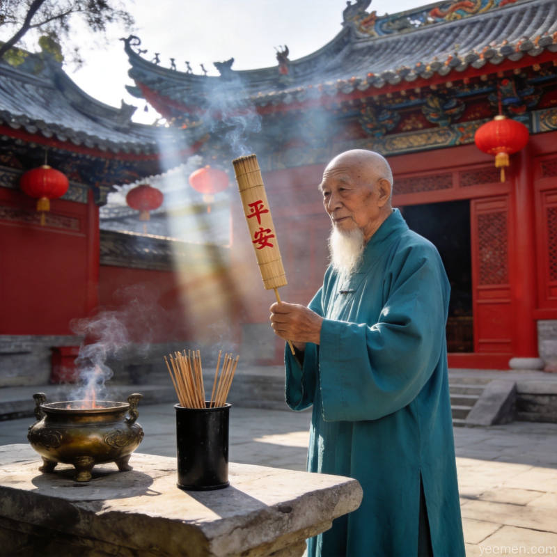 竹签解签图示，古建筑飞檐与香烟缭绕