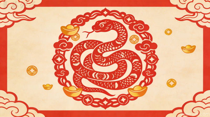 水墨风格蛇形图案，青绿晕染背景，搭配莲花葫芦元素，古典雅致的国学意境