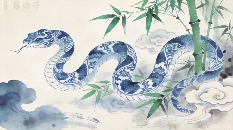 水墨风格蛇图案青花瓷纹样，竹叶祥云点缀，属蛇人2026年5月运势预警