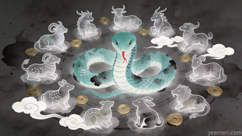中国风生肖运势图，生肖动物剪影与五行八卦元素结合，宣纸纹理背景，2026年5月生肖运势分析